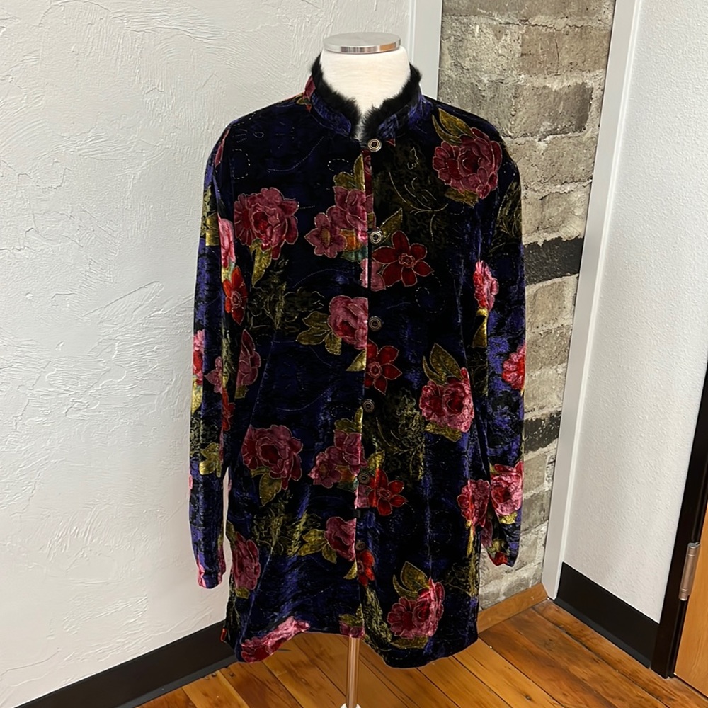 Vintage White Stag Mandarin Collar Floral Print Velvet Jacket size Large
